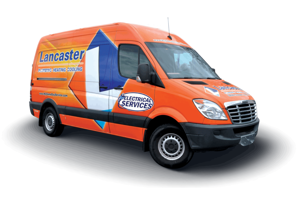 Lancaster Plumbing & Heating orange service van on white background.