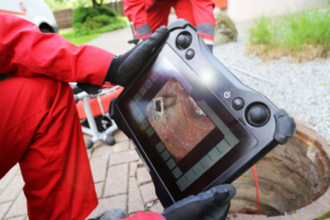 Plumbers conducting a video camera sewer inspection