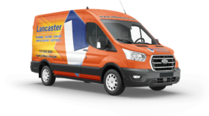 Lancaster orange service van on white background.